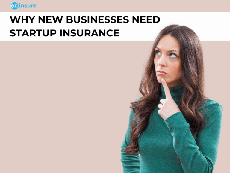 Thoughtful woman with text "Why New Businesses Need Startup Insurance" above her.