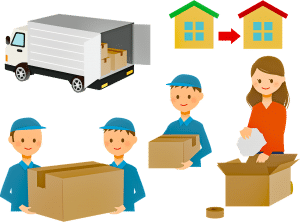 illustration of people moving with a truck and boxes and people carrying boxes.