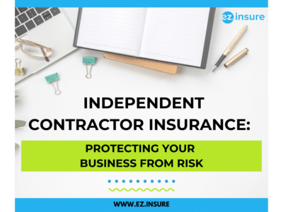 Independent contractor insurance notebook on a desk with office supplies.