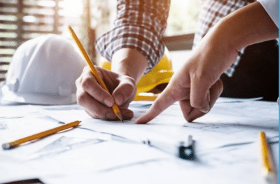 "Construction workers reviewing blueprints with pencils and hard hats on a desk