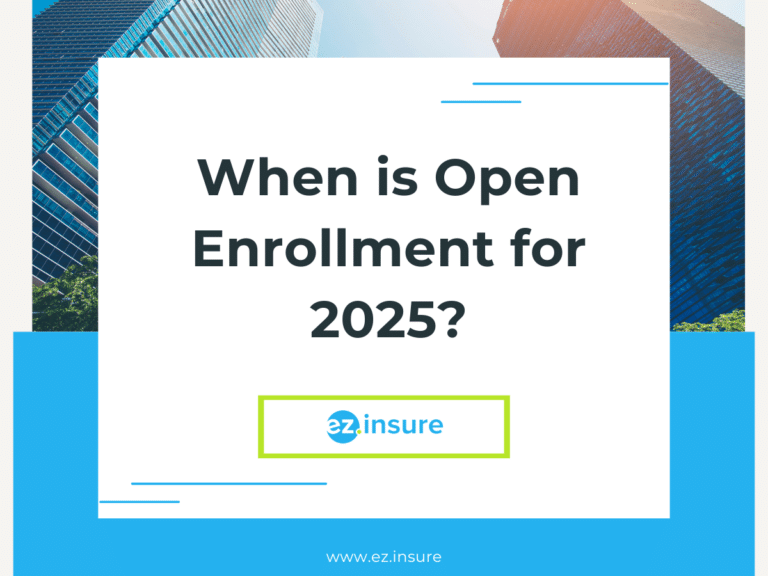 Open Enrollment for 2025 displayed by EZ.insure, with a background of tall office buildings