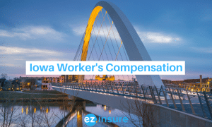 Iowa worker's compensation text overlaying image of des moines skyline