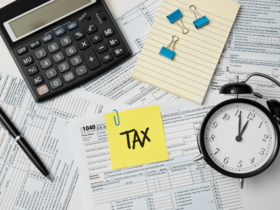 Tax forms with a calculator, clock, and sticky note labeled 'Tax'