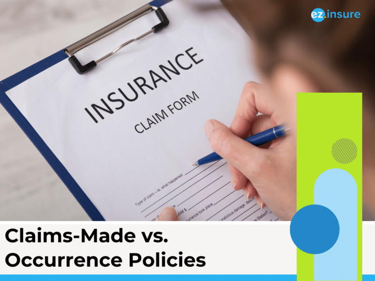 A close-up of a person filling out an insurance claim form on a clipboard with a blue pen. The form is labeled 'Insurance Claim Form' at the top. The image includes the ez.insure logo in the top right corner, and the title 'Claims-Made vs. Occurrence Policies' at the bottom, with colorful design elements on the right side