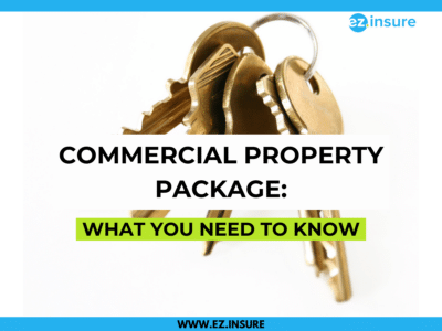 A close-up image of a set of brass keys on a keyring, with the title 'Commercial Property Package: What You Need to Know' in bold text. The words 'What You Need to Know' are highlighted in green. The ez.insure logo appears in the top right corner, and the website 'www.ez.insure' is displayed at the bottom, framed by a blue border