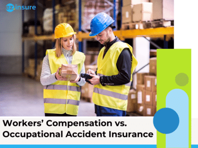 Two warehouse workers in safety gear, one wearing a blue hard hat and the other a yellow hard hat, review paperwork while holding a small package. They are standing in an organized warehouse with shelves stacked with boxes in the background. The image includes the ez.insure logo in the top left and the title 'Workers’ Compensation vs. Occupational Accident Insurance' at the bottom, with colorful design elements on the right side.