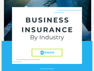 A modern, high-rise building backdrop emphasizes the concept of business insurance tailored by industry. The image highlights the title 'Business Insurance By Industry' with the ez.insure logo centered below it. The design reflects a professional and industry-specific approach to business insurance solutions, with the website URL at the bottom