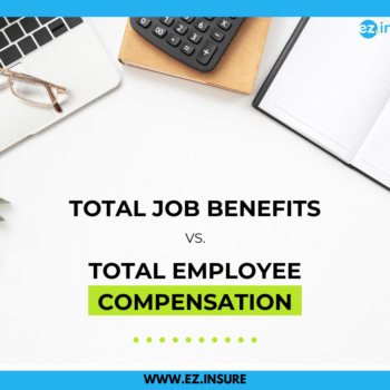 A desk with a calculator, glasses, a laptop and notebook with "Total Job Benefits vs. Total Employee Compensation" written