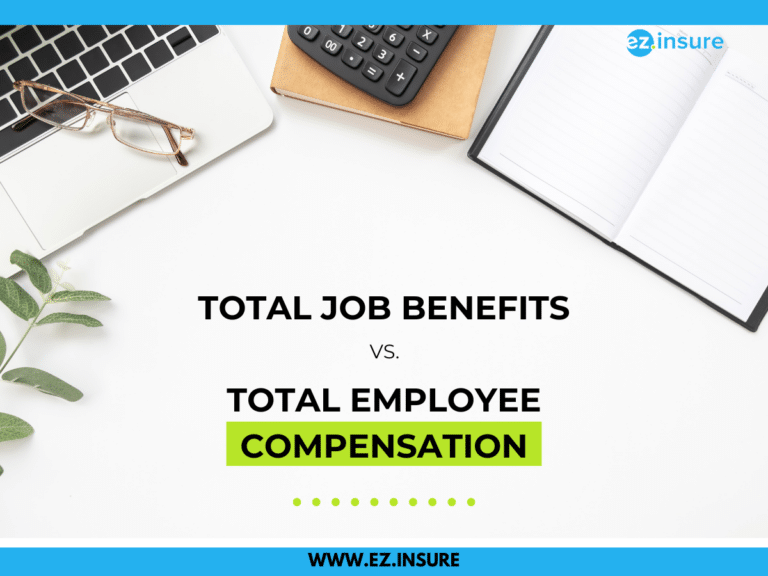 A desk with a calculator, glasses, a laptop and notebook with "Total Job Benefits vs. Total Employee Compensation" written