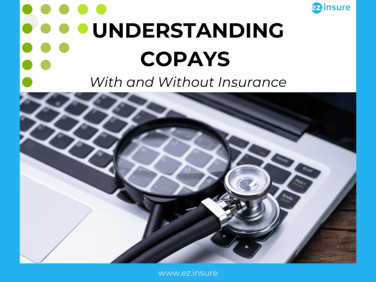 A stethoscope and magnifying glass rest on a laptop keyboard, symbolizing the analysis and understanding of medical copays. The image accompanies a guide titled 'Understanding Copays With and Without Insurance,' aimed at helping readers compare copay costs based on insurance coverage. The ez.insure logo is visible in the top right corner, with the website URL at the bottom