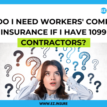 Confused woman surrounded by question marks with text asking if businesses need workers' compensation insurance for 1099 contractors.