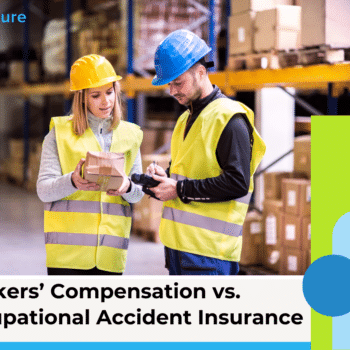 Warehouse workers reviewing packages, highlighting insurance options. Below them the text reads "Workers' Compensation vs. Occupational Accident Insurance."