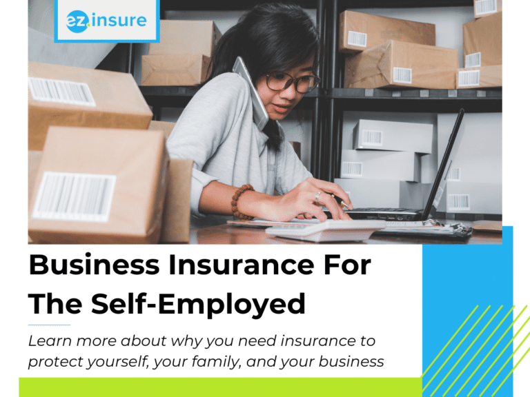 Self-employed woman working in her home office, using a calculator and phone, highlighting the need for business insurance. There is text below her reading "The Self-Employed: Learn more about why you need insurance to protect yourself, your family and your business.