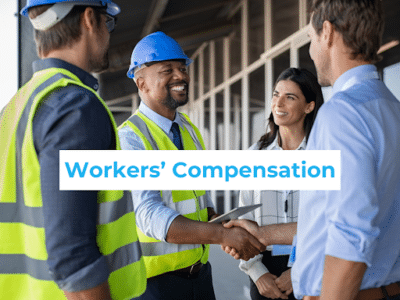 Construction workers greeting each other and shaking hands with the words reading, "Workers' Compensation"