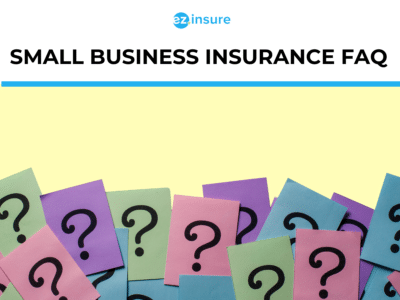 Colorful sticky notes with large question marks scattered at the bottom beneath the title 'Small Business Insurance FAQ' and the ez.insure logo