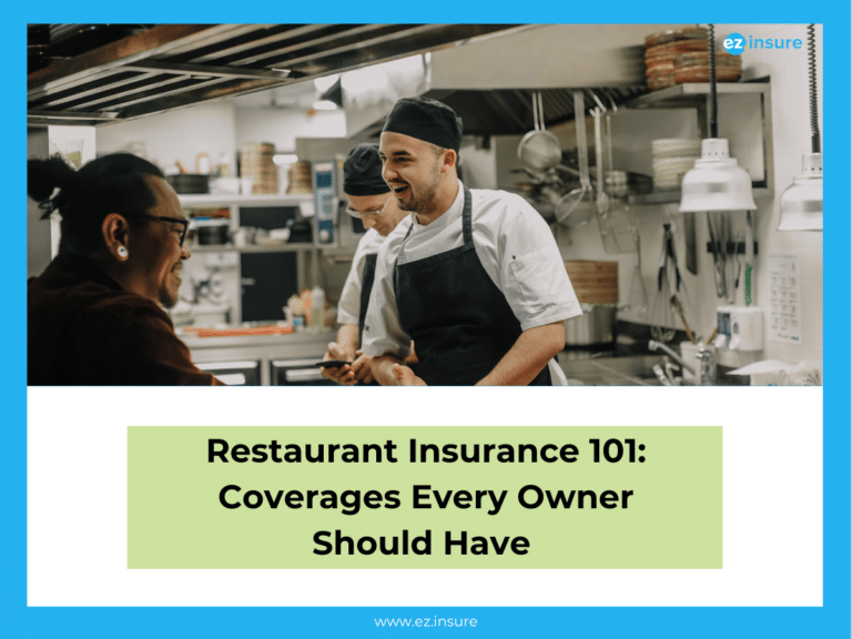 hefs working together in a busy restaurant kitchen, featured in a promotional graphic titled 'Restaurant Insurance 101: Coverages Every Owner Should Have' by EZ.Insure.