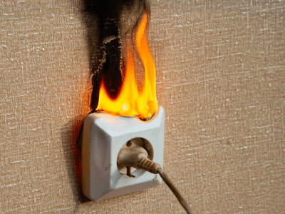 A power outlet catching fire with a plugged-in cord