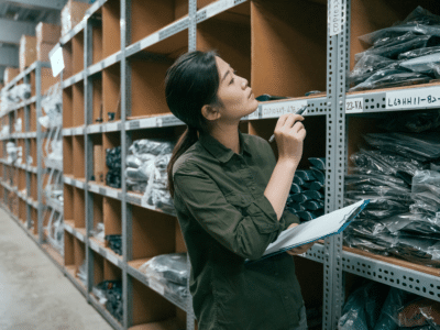 A woman in a warehouse inspecting inventory on shelves while holding a clipboard