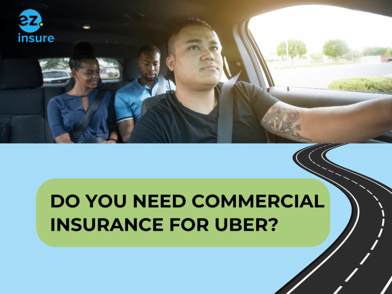 Uber driver transporting passengers, with a road graphic and text overlay asking, 'Do You Need Commercial Insurance for Uber?'