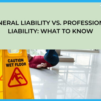 "Person slipping on a wet floor near a caution sign, representing potential risks that general liability insurance can cover, as discussed in the article on general liability vs. professional liability.