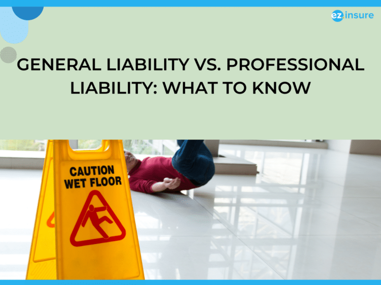 "Person slipping on a wet floor near a caution sign, representing potential risks that general liability insurance can cover, as discussed in the article on general liability vs. professional liability.