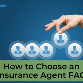 A hand selecting icons of people, symbolizing the decision-making process, with text below reading "How to Choose an Insurance Agent FAQ."