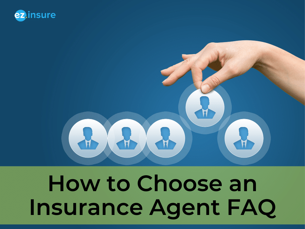 A hand selecting icons of people, symbolizing the decision-making process, with text below reading "How to Choose an Insurance Agent FAQ."